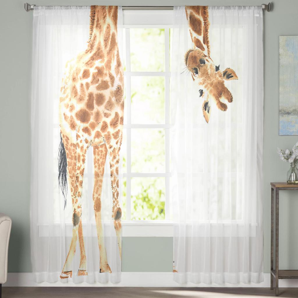 Fun Giraffe Animal White Sheer Curtains for Living Room Voile Curtain Bedroom Bathroom Tulle Curtains Window Drapes