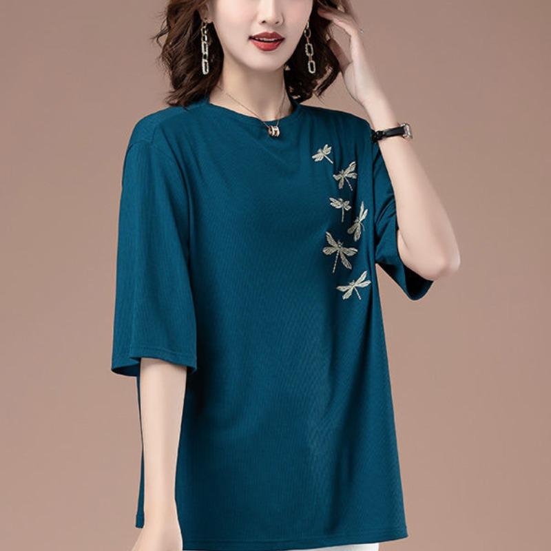 Korean Casual Versatile Summer New Women's Round Neck Embroid Fashionable Elegant Comfortable Short Sleeve Loose T-shirt Tops