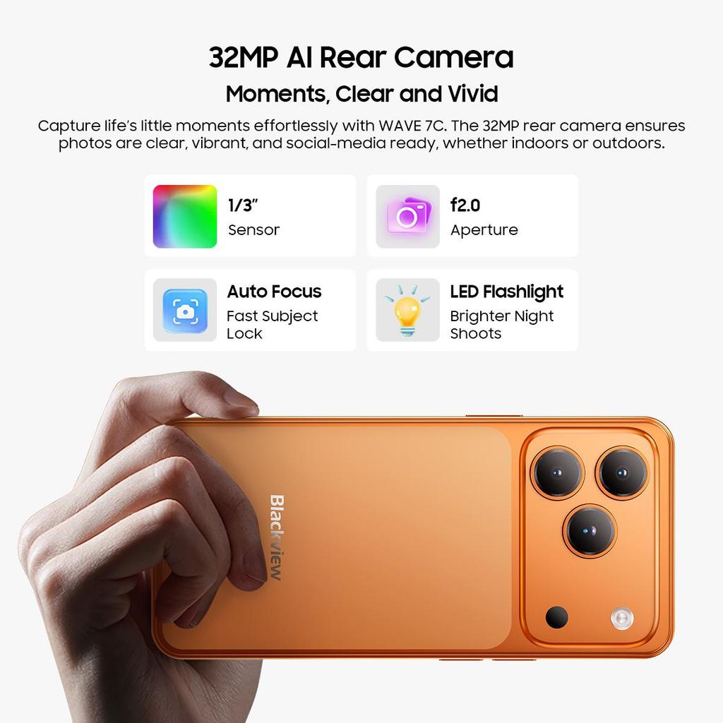 Blackview Wave 7C Android 16 Smartphone, 16GB RAM+64GB ROM(TF 2TB) Smartphone 5000mAh, 6.56" HD+ Screen, 32MP+13MP Camera, Dual SIM/Gemini AI/GPS