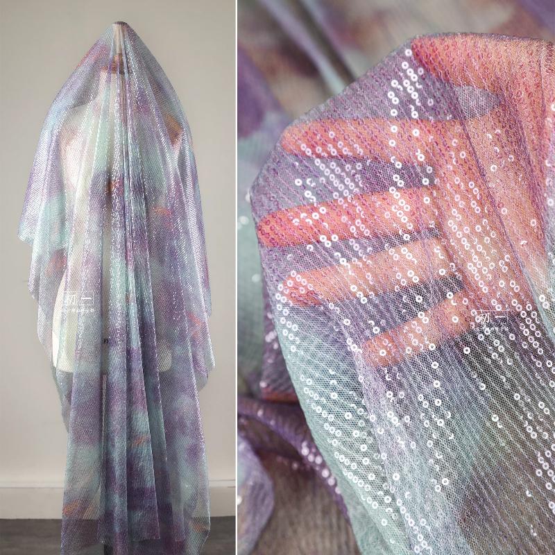 Blue Green Gradient Sequin Mesh Fabric for Diy Sewing Wedding Dress Designer Cloth Polyester Material By The Meter