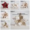 Velvet Fabric Artificial Poinsettia Flower Sequins Christmas Tree Magnolia  New Year Gift