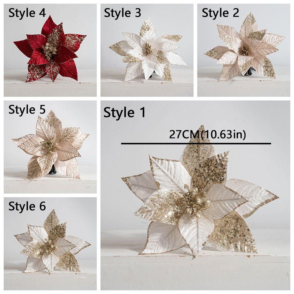 Velvet Fabric Artificial Poinsettia Flower Sequins Christmas Tree Magnolia New Year Gift