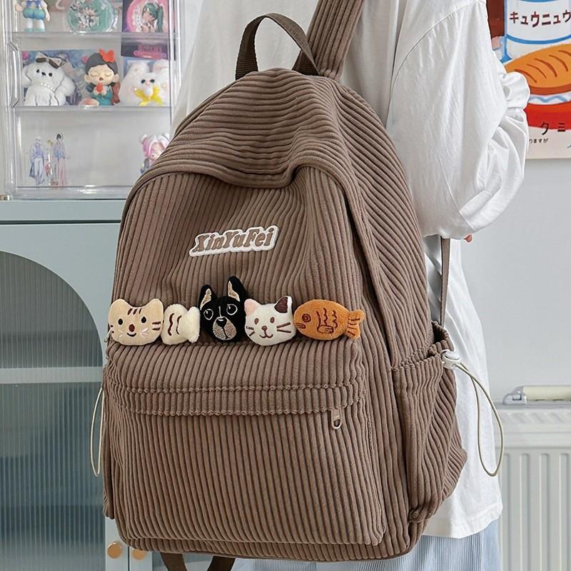 Retro Youth Backpack With Durable Corduroy Fabric For Daily Commute Campus And