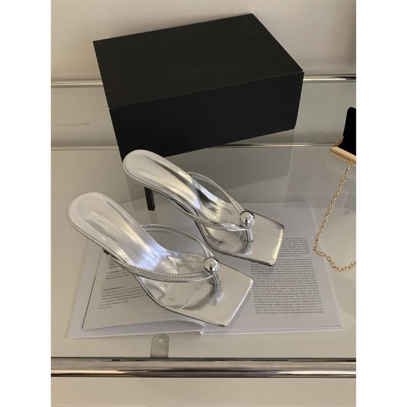 Toe cool slippers women's summer fashion outer wear flip-flops black high heels women's gold bead stiletto sandals