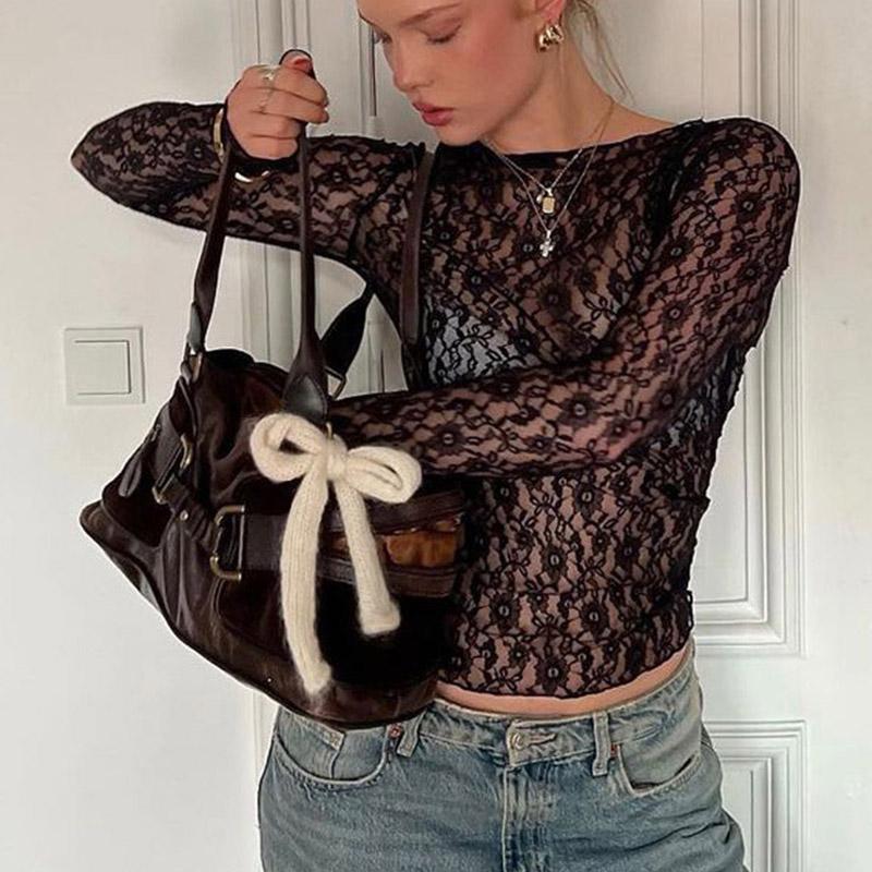 Long Sleeves See Through Lace Crop Top Solid Sexy Bodycon T-Shirt For Women Party Club Autumn Winter Clothes