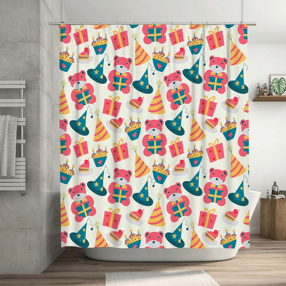 Party Animal Design Shower Curtain with Multiple Colors Cartoon Print Decorative Bathroom Hanging Accessories Set for Kids' Bath