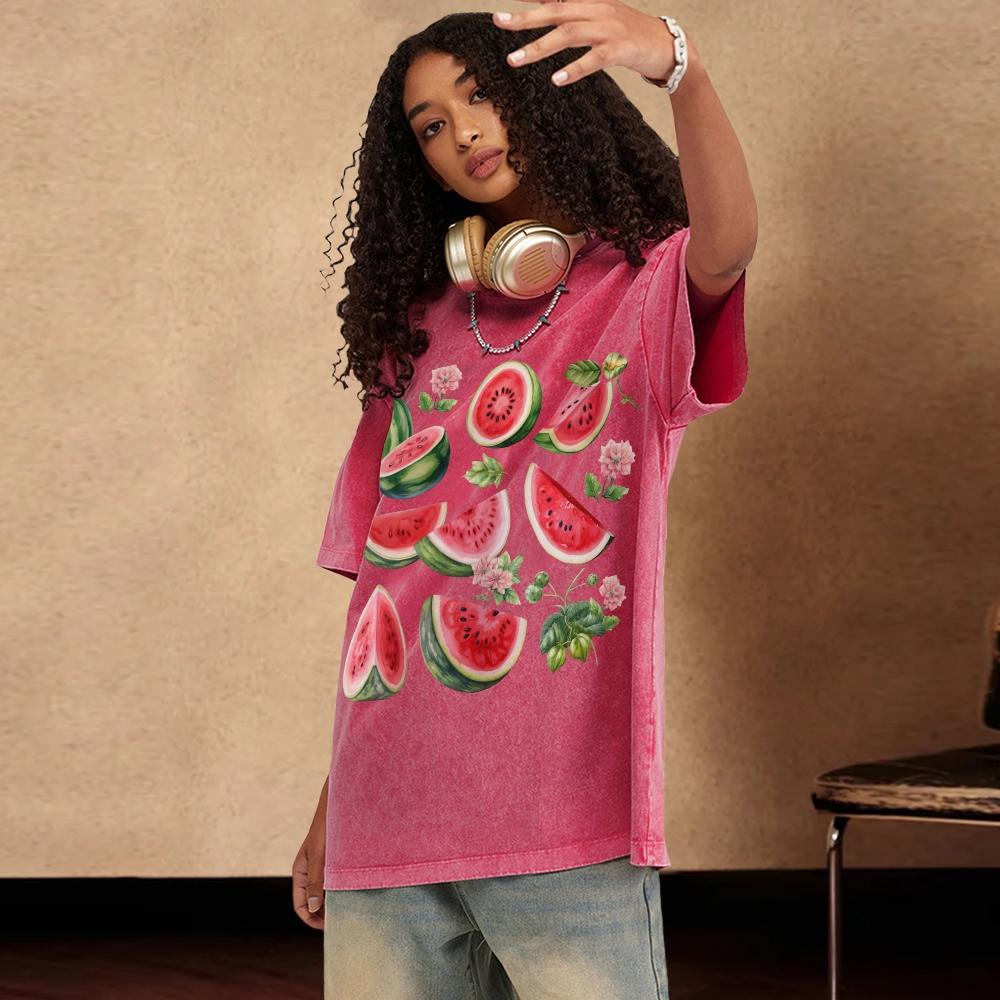 Cartoon Watermelon Fruit Print Women's T-Shirt Loose Fashion Wash Short Sleeve Summer Casual Top Tee