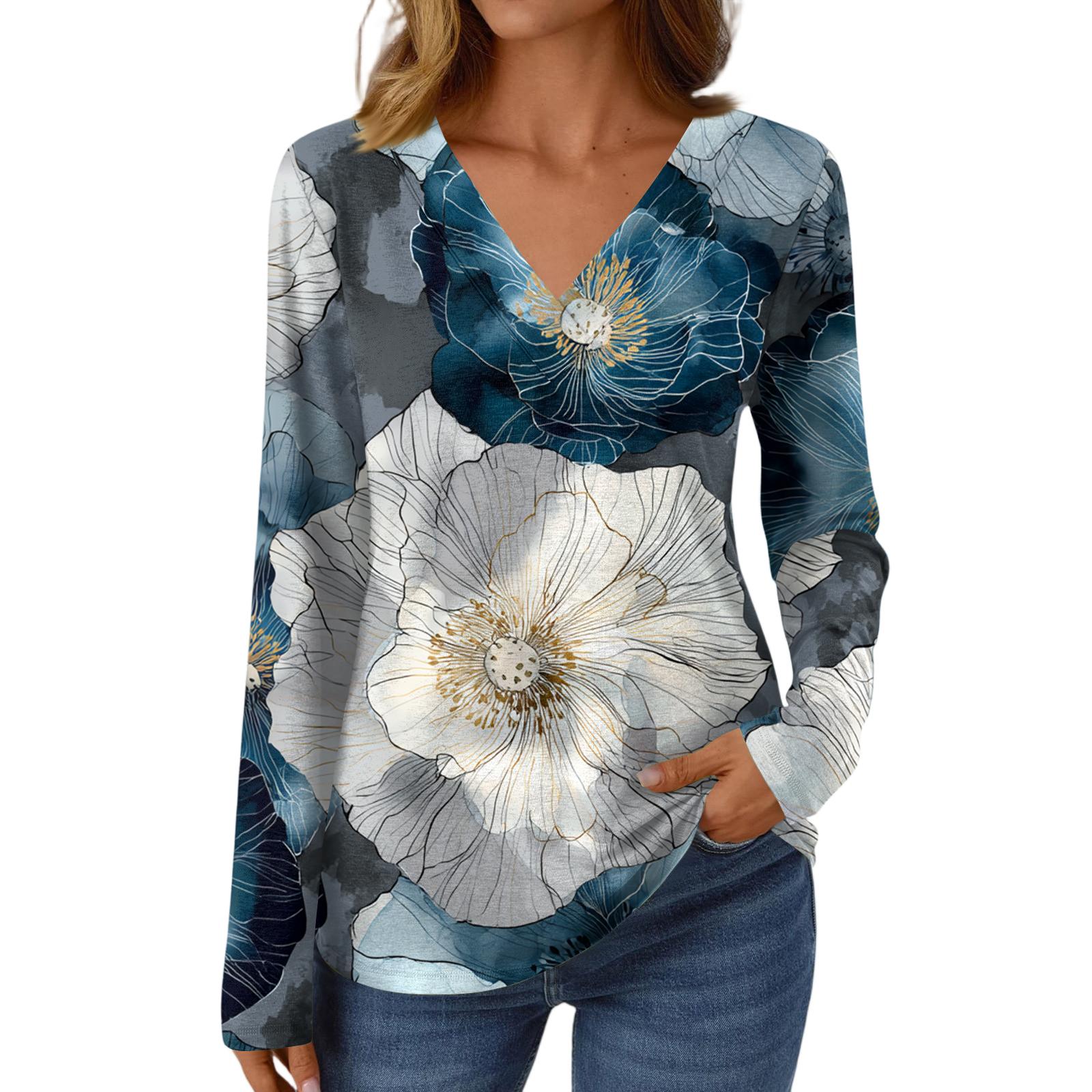 Women s Casual Fashion Brushed Retro Floral Print Long Sleeve V-Neck Top T-Shirt L