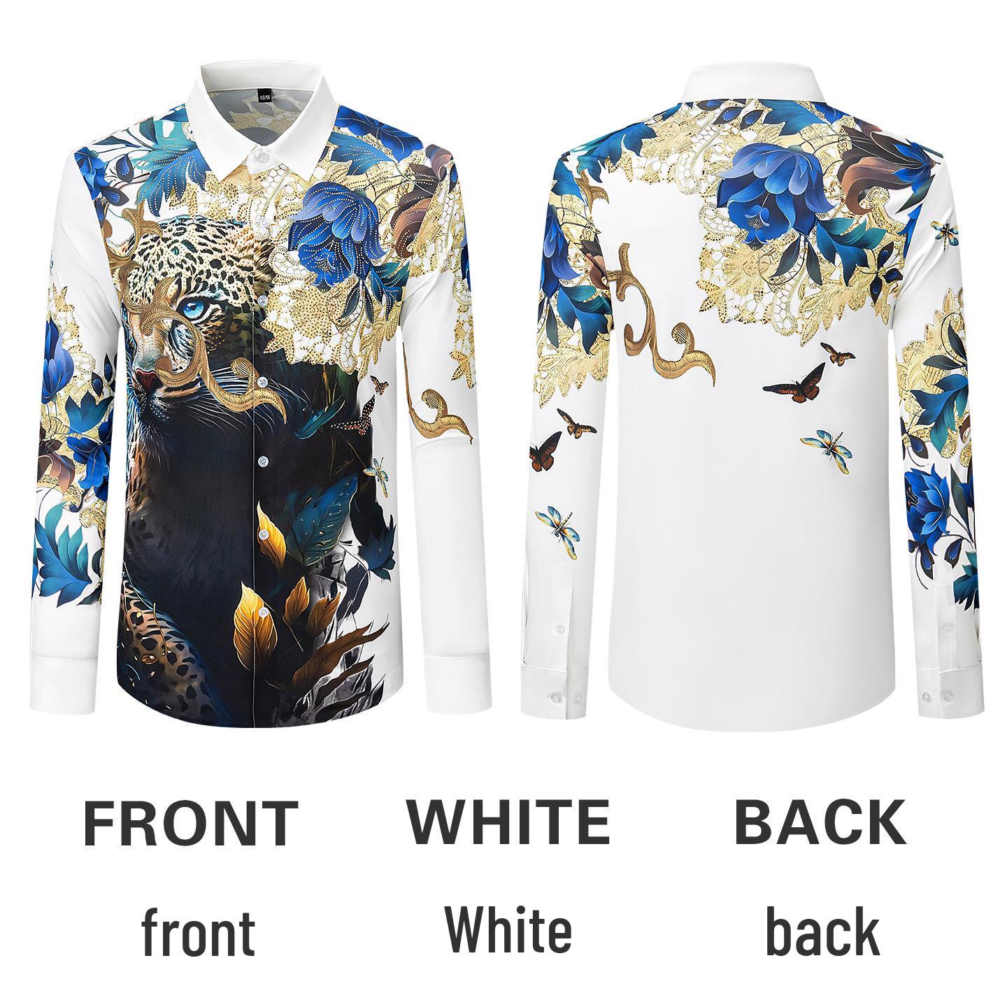 

Мужская роскошная бесшовная антиморщинчатая рубашка с длинным рукавом и 3D-леопардовым принтом 4XL (170-180 lbs) белый