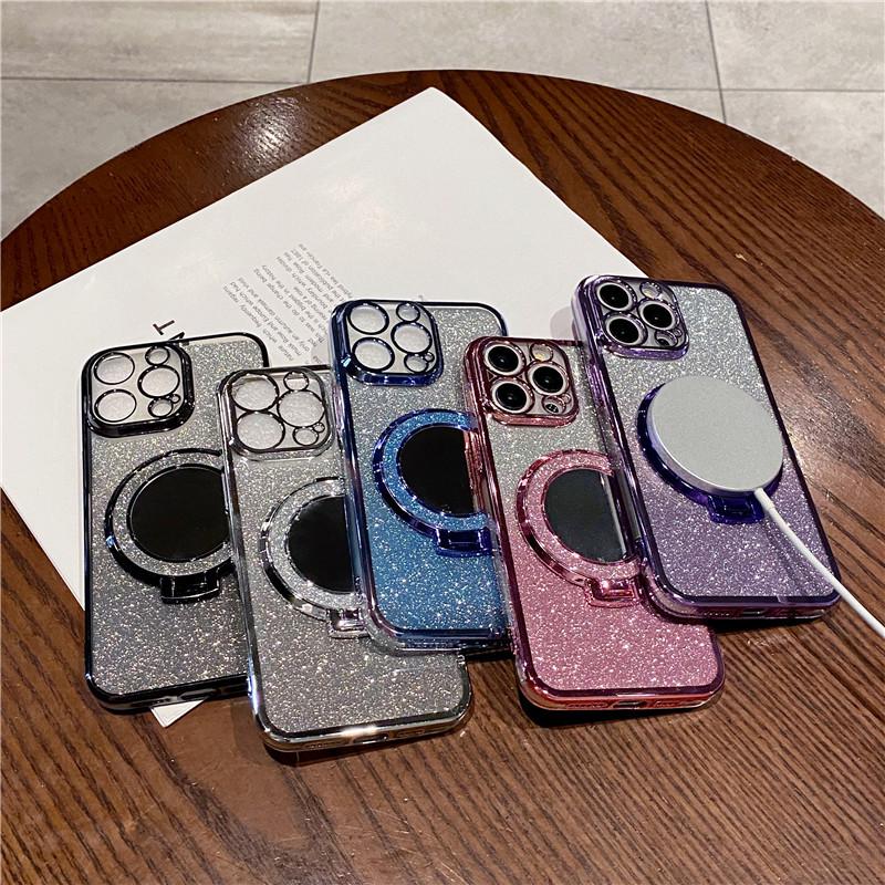 Apple 16 Magnetic Mirror Stand Case: Electroplated Glitter, Full Coverage for iPhone 15/17 Pro Max.
