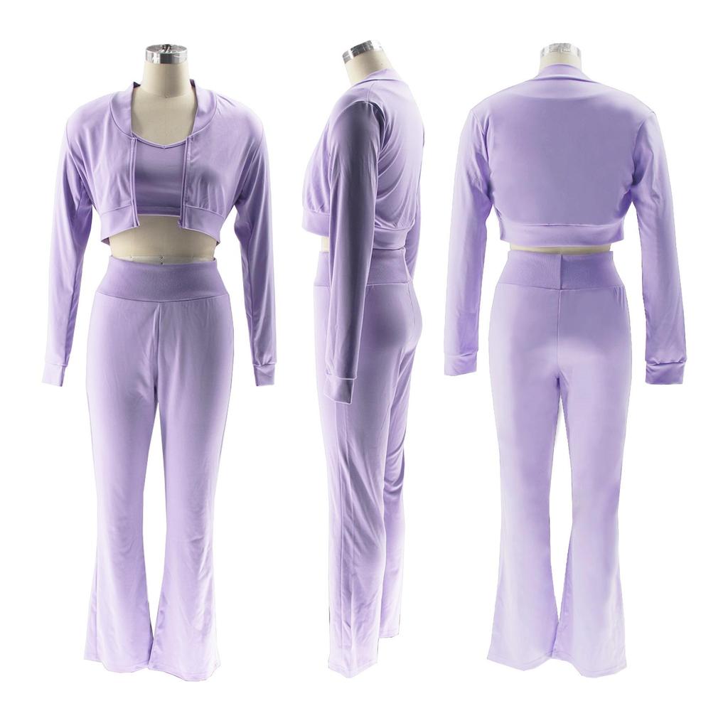 TW492 Stilvolles Dreiteiler-Set für Damen: Einfarbiges Sexy Cropped Lässiger Sportanzug