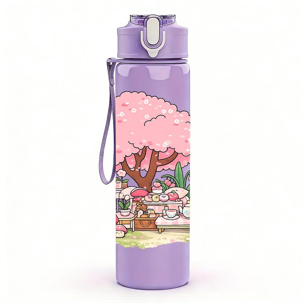 1PC Cherry Blossom Tree Girl Scene Print 750ml Color Plastic Sports Water Bottle Leakproof Flip Straw Lid Suitable for Sports Office Home Use