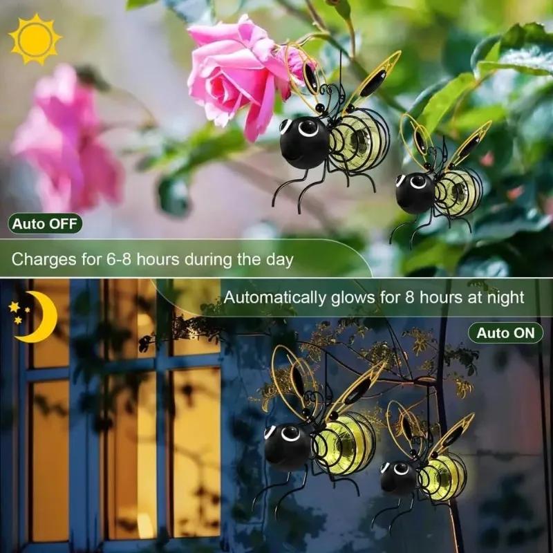 Solar-Powered Bee Lights Design Metal Waterproof Hanging Decor Warm White LED for Garden Party Balcony Porch Ornaments Outdoor