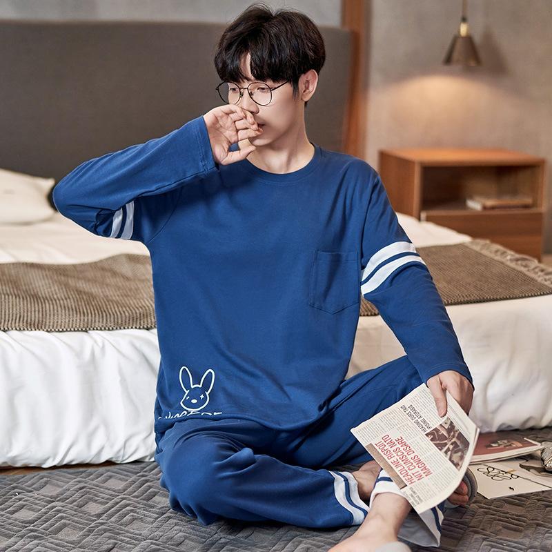 Cotton Nightwear for Men 2 Pieces Set Pajamas Spring Long Sleeves Sleeping Tops Trousers Sleepwear