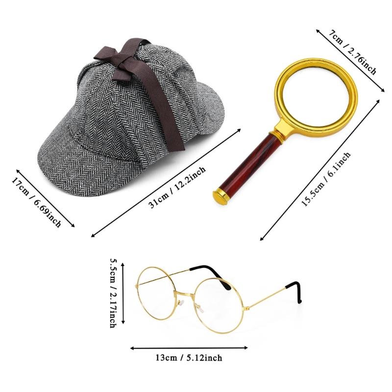 3Pieces Detective Costume Accessories for Adult Teen Detective Hat Magnifying Glass Eyeglass Holmes Detective Kit