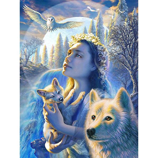 Kit Diamond Painting 5D Femme Et Loup 40x50cm - Art Créatif Strass Carré - Décoration Murale DIY