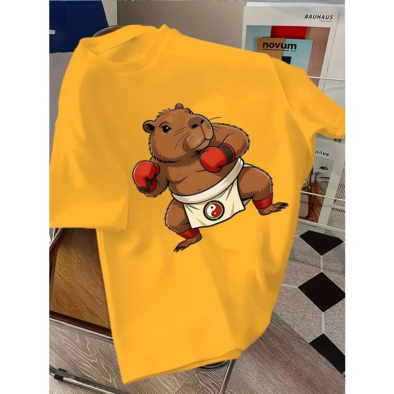 Kids Crewneck T-Shirt, Cartoon Capybara with Red Boxing Gloves Tai Chi Shorts Print