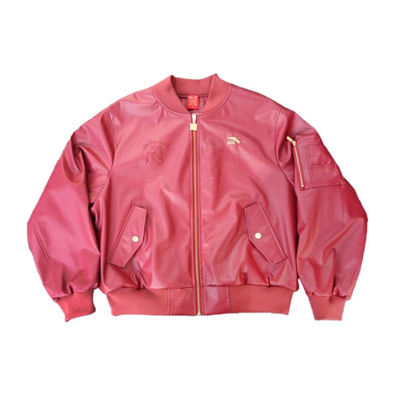 

Anta Simple Comfortable Versatile Baseball Collar Long Sleeve Leather Jacket Women jackets Cherry-Red 162518609-1 M