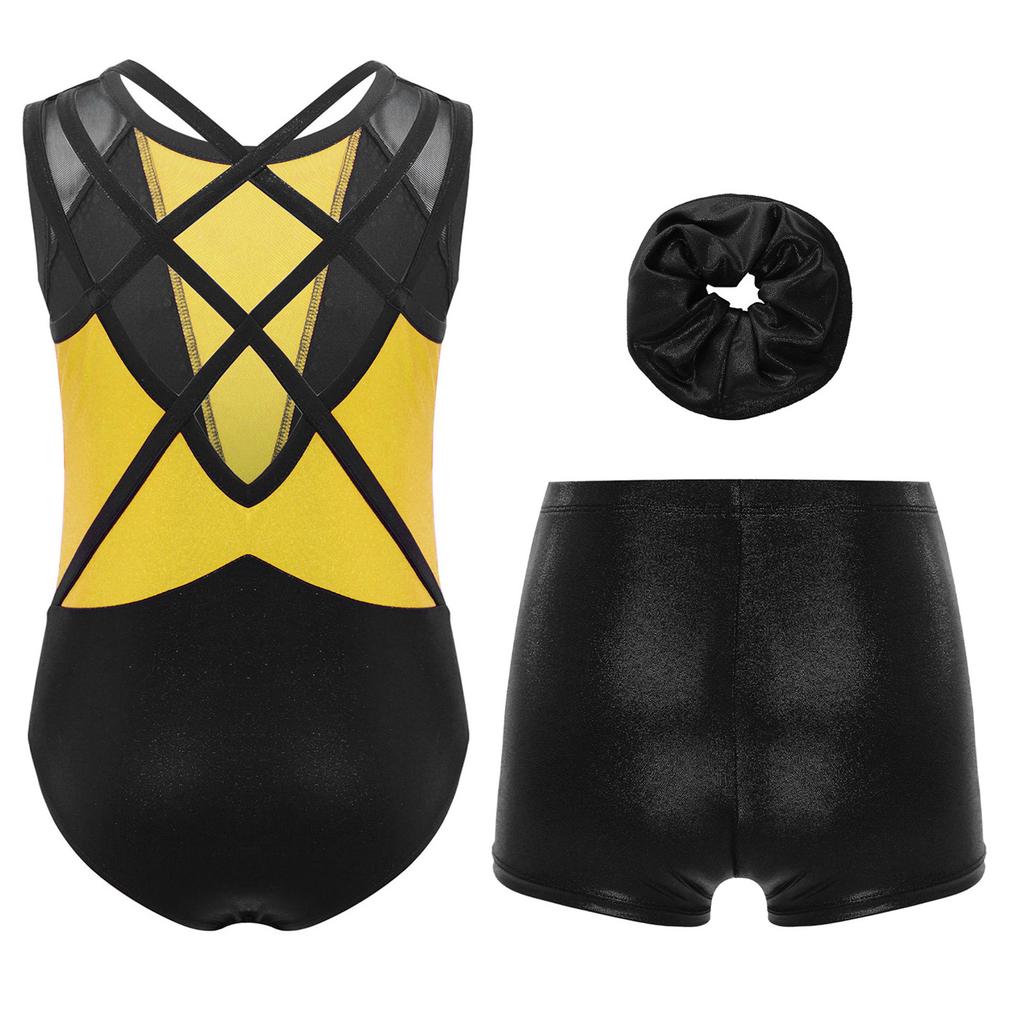 Girls 3-Piece Leotard Set Sleeveless Crisscross Back Rhinestones Color Block with Shorts