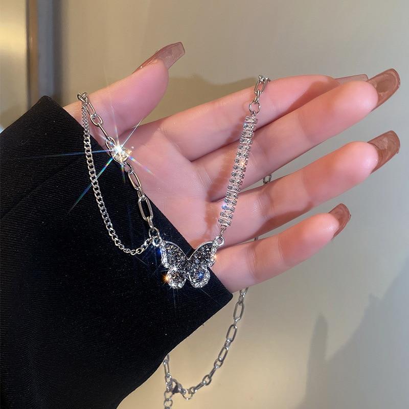 Luxury Black Zircon Love Butterfly Necklace For Women Sweet Crystal Chain Tassel Pendant Necklace Clavicle Choker Collar Jewelry