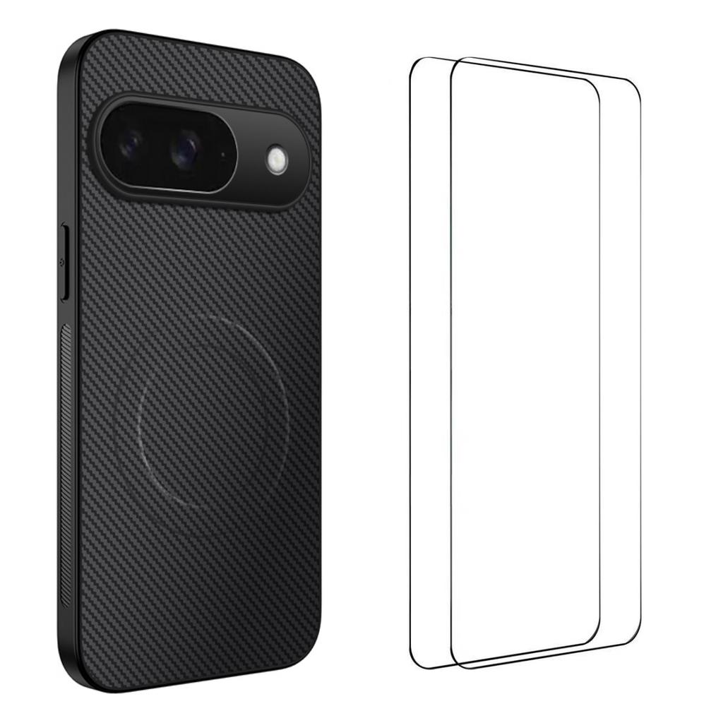 For Google Pixel 9 Magnetic Case WANLONFENG TQ1 Series Carbon Fiber Texture PC TPU Phone Cover with 2Pcs Screen Films
