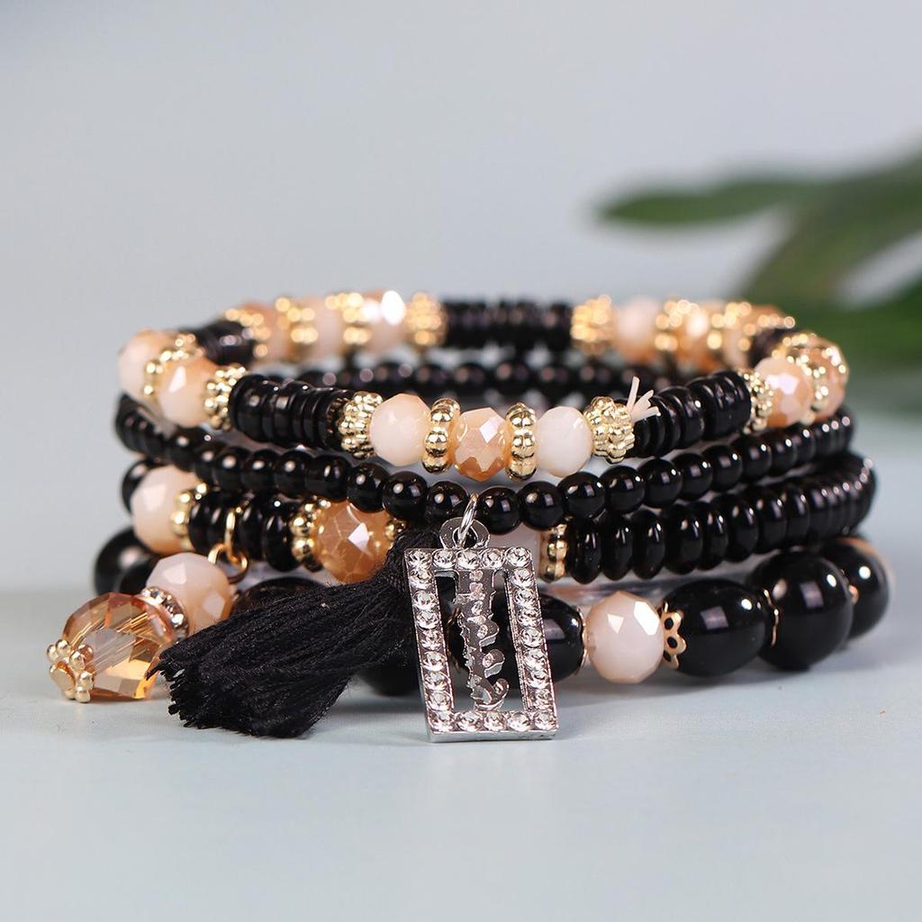Bohemian Beaded Bracelet Set with Rectangular Tassel Pendant