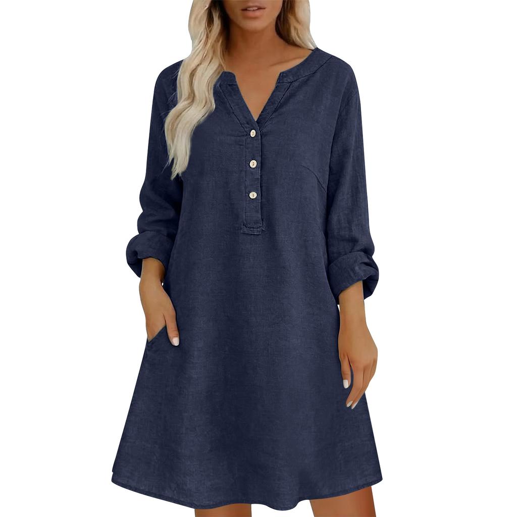Women Loose Fit Stand Collar Button Down Linen Cotton Dress Long Sleeve Casual Tunic Shirt Dress with Pockets for Everyday Wear