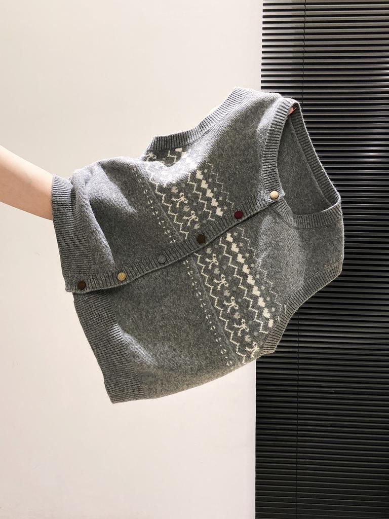Retro Jacquard Layering Sleeveless Vest Knit Waistcoat For Women Autumn Winter New Style Color Block Single Breasted Top Cardig