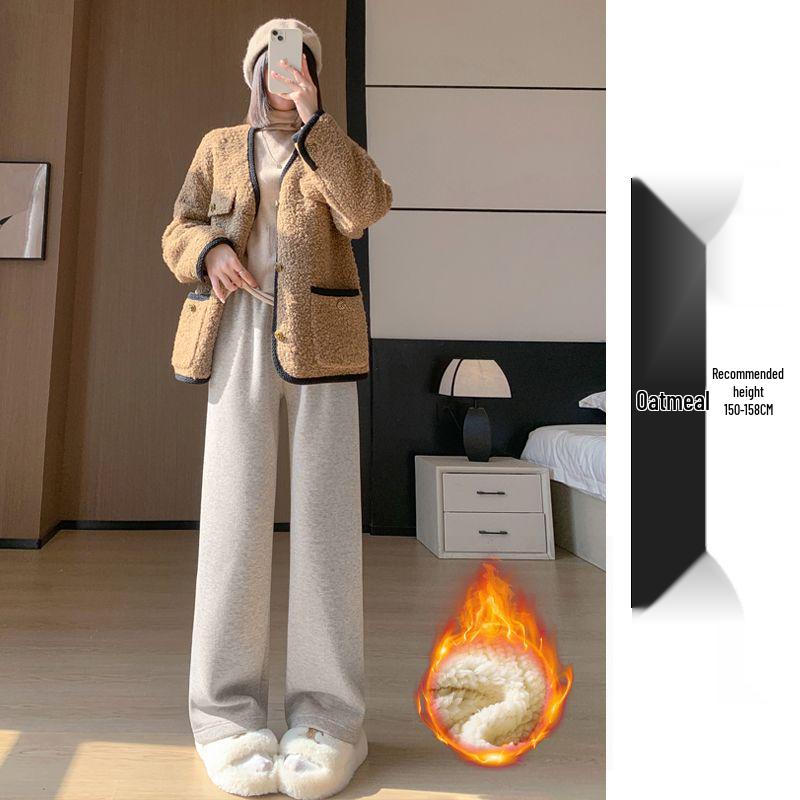 Unisex High-Waisted Thickened Gray Wide-Leg Fleece Pants - Casual Floor-Length Winter Wear