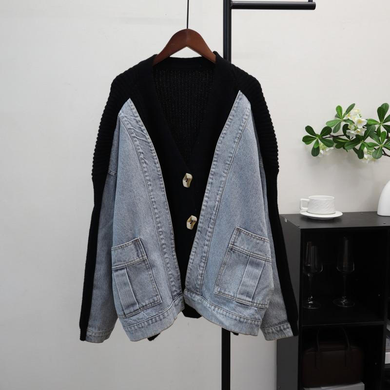 Fake Two-piece Splicing Denim Knitted Cardigan Autumn and Winter New Loose Design Sweater Jacket Women