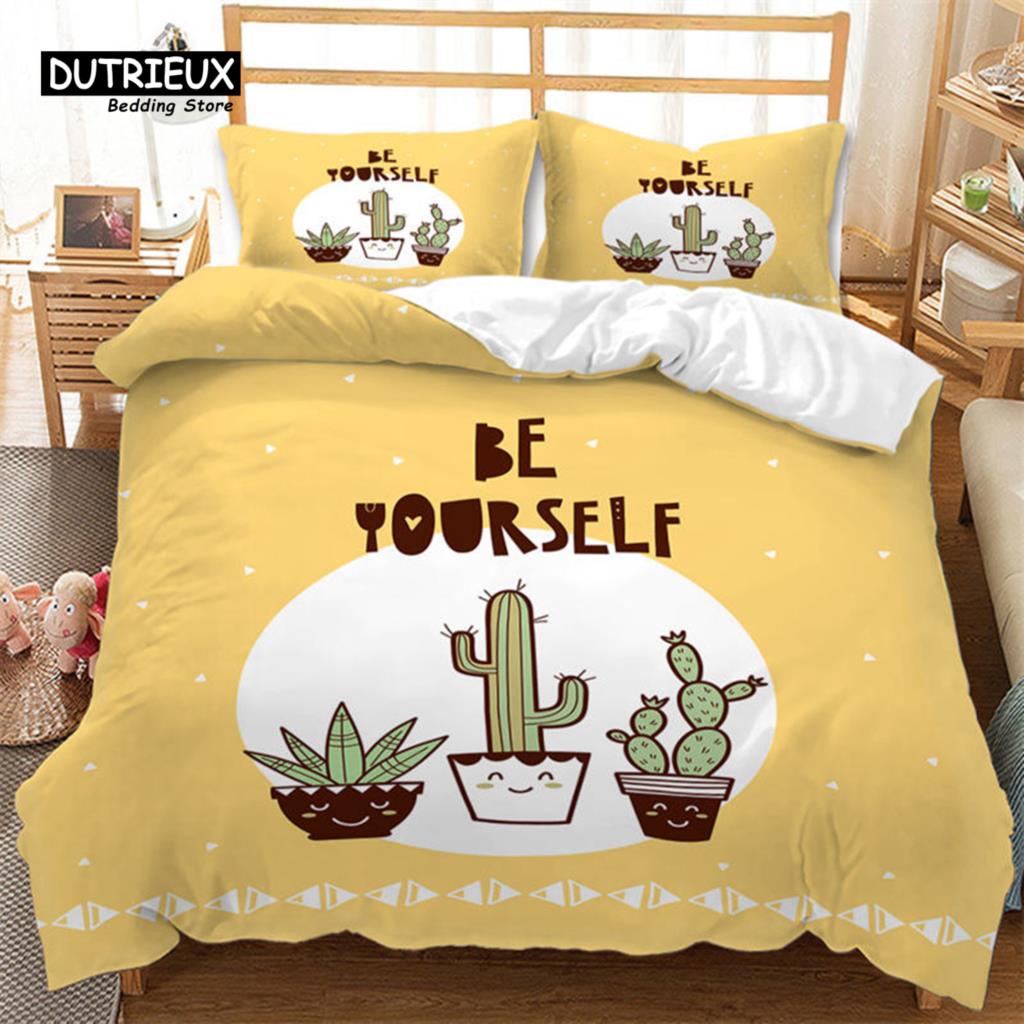 Cartoon Cactus Duvet Cover Spring Garden With Boho Style Bouquet of Thorny Plants Blossoms Decor 3 Piece Bedding Set Pillowcases