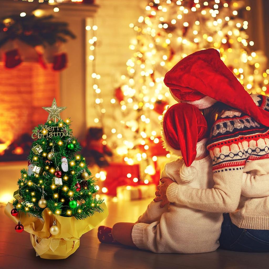 23-Inch Mini Christmas Tree with Lights, Star Topper & Ornaments for Desk or Office Holiday Decor