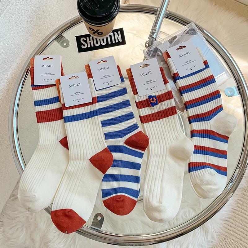 5 Pairs of Women's Spring and Autumn Striped Embroidered Cotton Socks