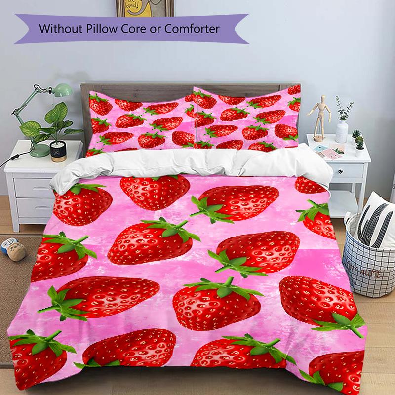 3Pcs Strawberry Pattern Printed Bedding Set, Breathable And Soft, Machine Washable, Christmas Gift, Suitable for Bedroom Decoration, 15180