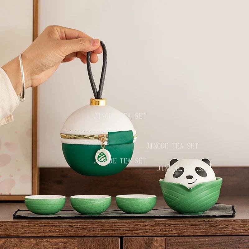 Ceramic Panda 4-piece Tea Cup Set Travel Portable Cute Tea Set Drinking Utensils Kung Fu Tea Cup1 Pot and 3 Cups