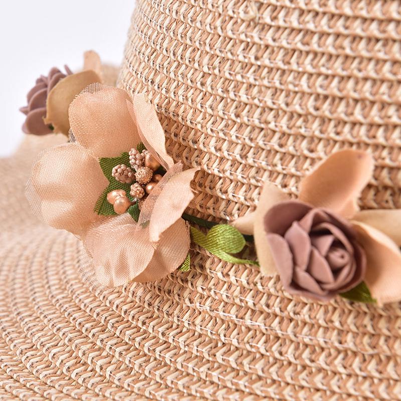 Women Sun Hat Big Wide Brim Beach Handmade Floral Summer Straw Sun Cap