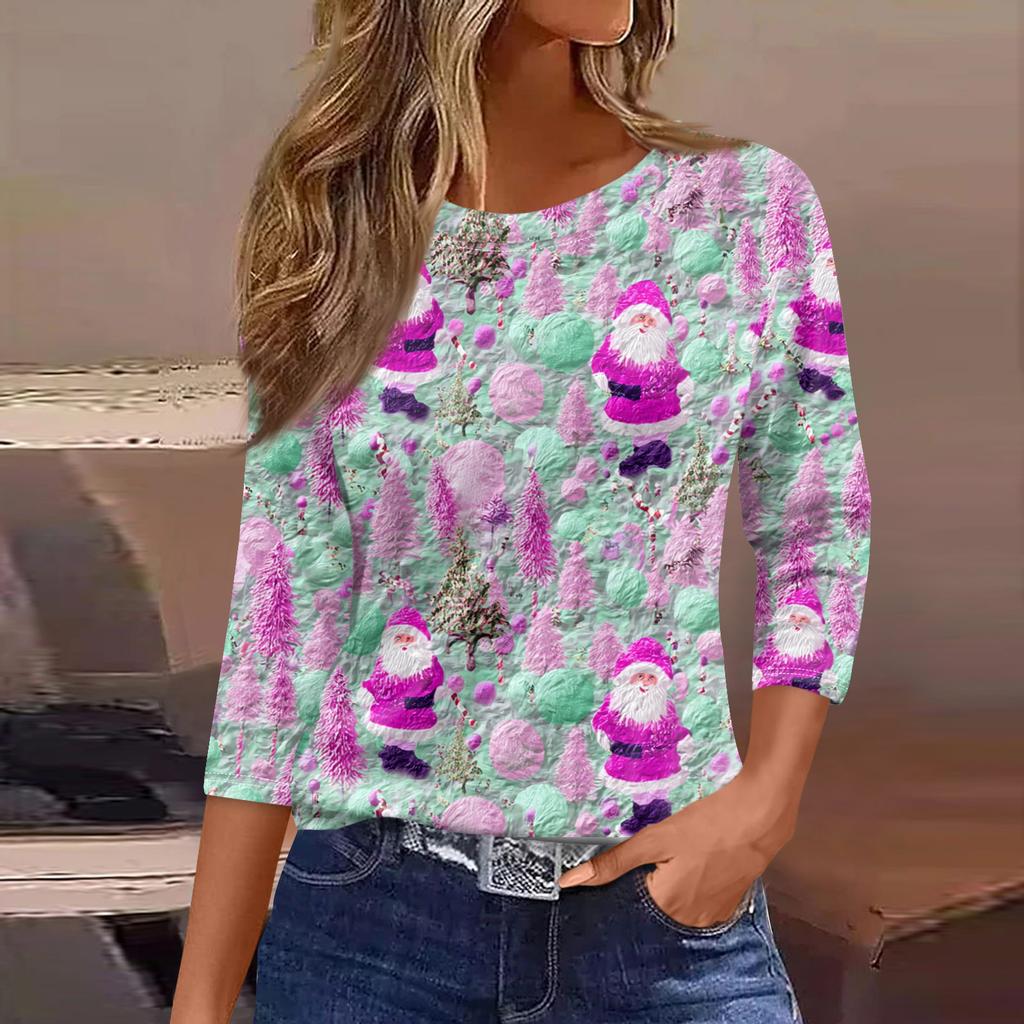 Women's Fashionable Casual Three Quarter Sleeve Christmas Printed Round Neck Top