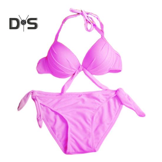 2Pcs/Set Sexy Bikini Set Halter Push-Up Solid Color Bra High Waist Swimming Briefs Set Bowknot Decoration Beachwear