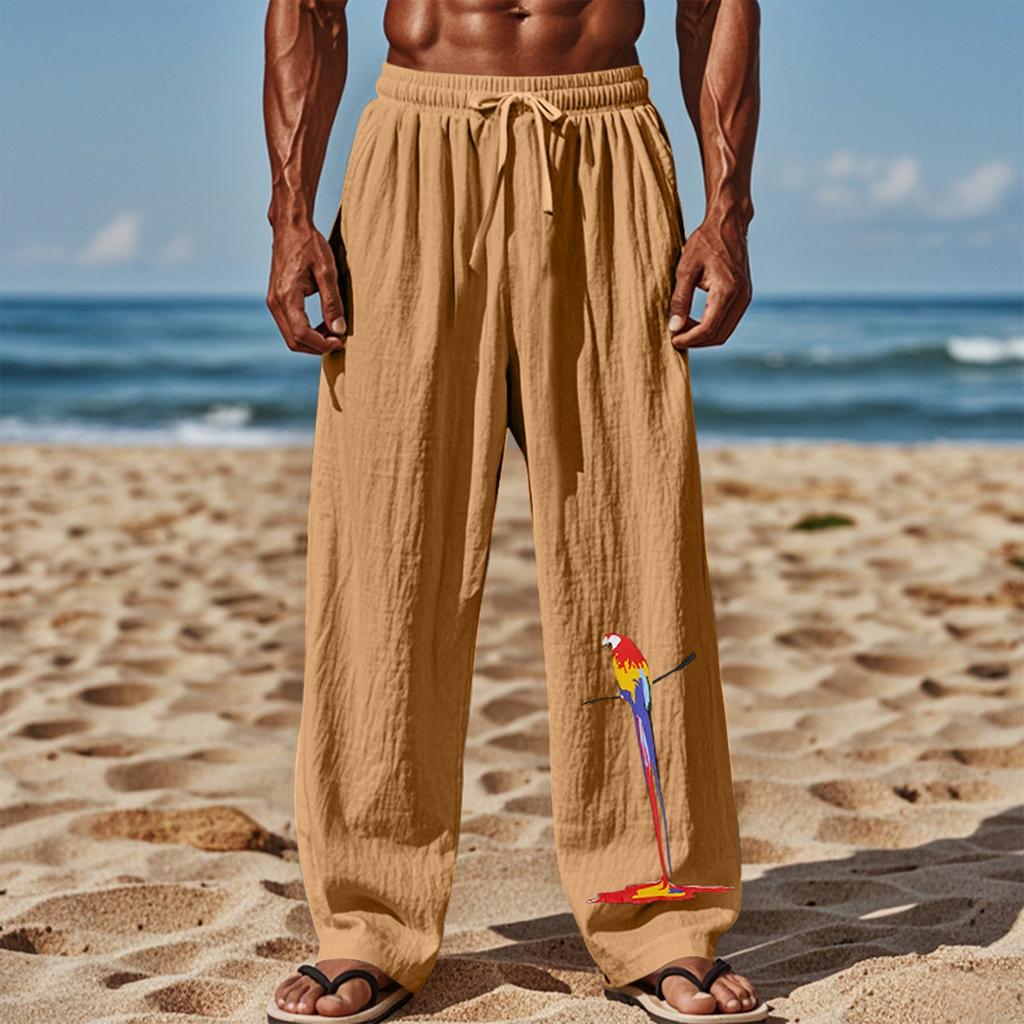Herren-Freizeithose mit Papageienmuster, atmungsaktivem Baumwoll-Leinen-Mischgewebe, lockerer Passform und sportlicher Passform