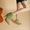 Plus Size Dark Green Metal Rivets Decorated Women's Ankle Boots Patent Leather Belt Buckle Super Stiletto Pointed Toe Shoes