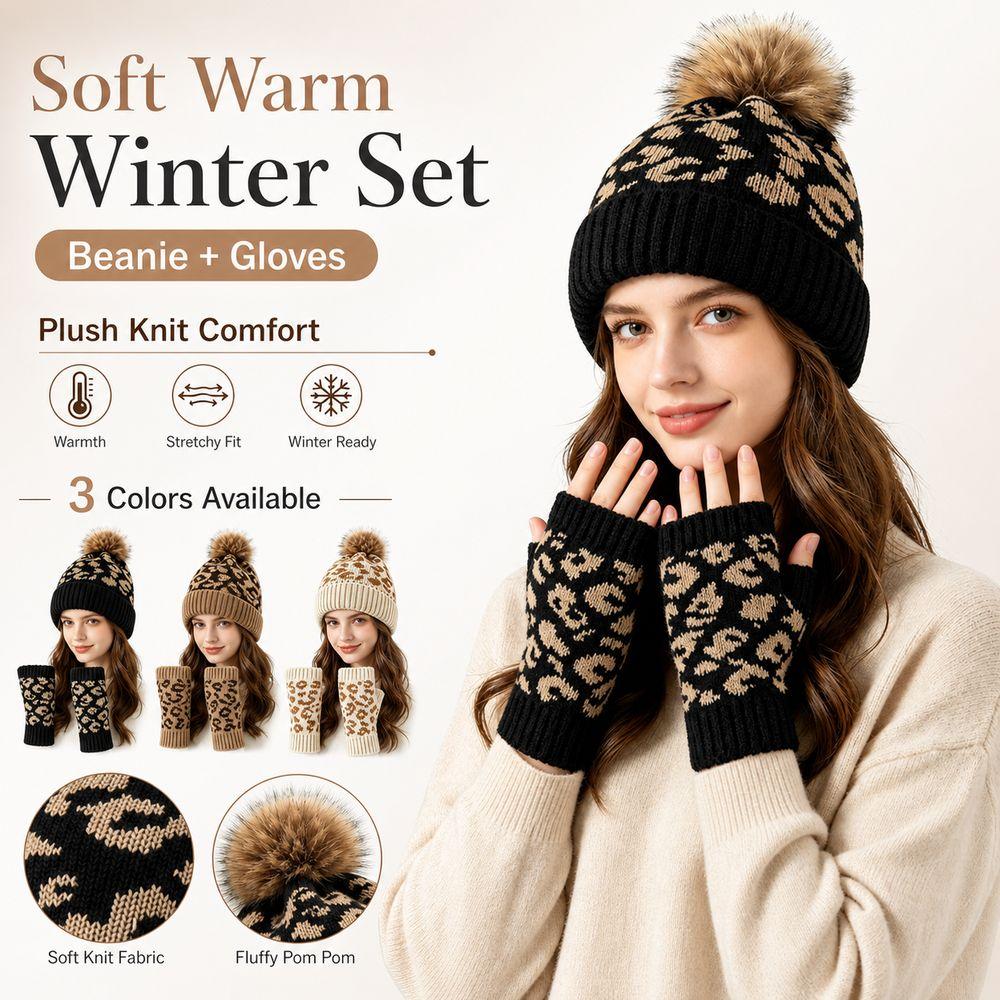 2Pcs/Set Warm Knit Beanie Leopard Knitted Winter Hat New Leopard Print Beanie Everyday Wear