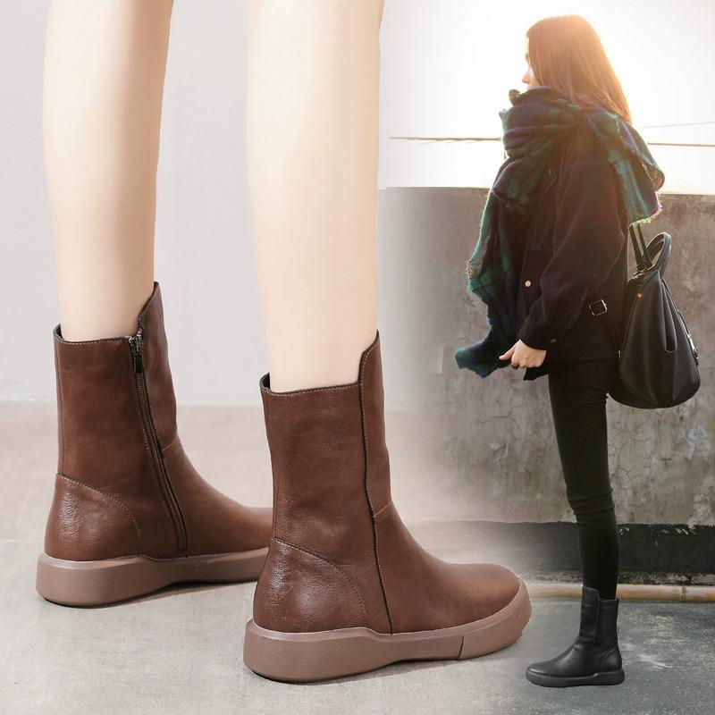 Women's 2026 British Style Mid-Calf Retro Martin Boots with Velvet Lining