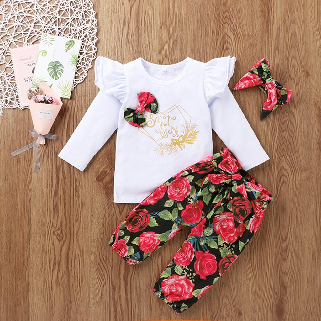 

Baby Kids Girls Alphabet Print Tops+Flower Pants+Bowknot Outfits Clothes Sets Sagit