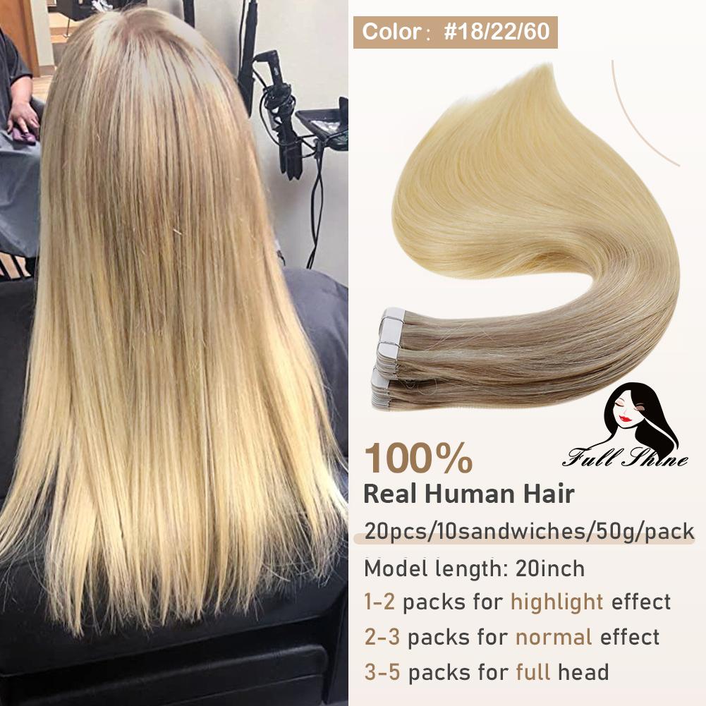 Full Shine Tape in Hair Extensions Remy Human Hair Balayage Highlights Natural Hair For Salon