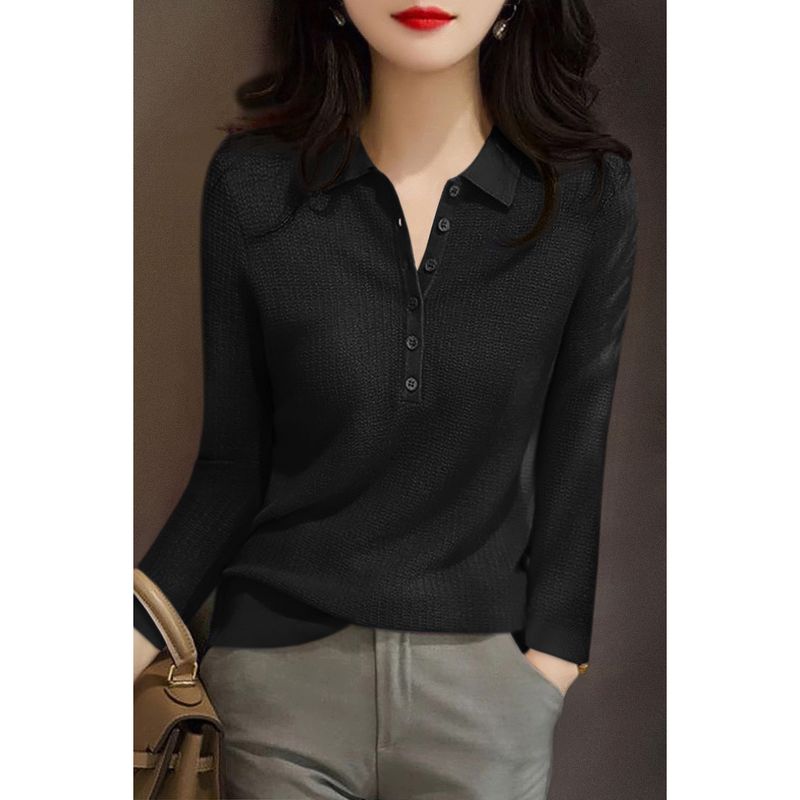 

Spring 2025 New Polo Collar Long sleeve Inner wear Knit Fashion Pullover Slim fit Simple and Versatile Base Women Black L([Recommended 55.00 kg-60.00 kg]])