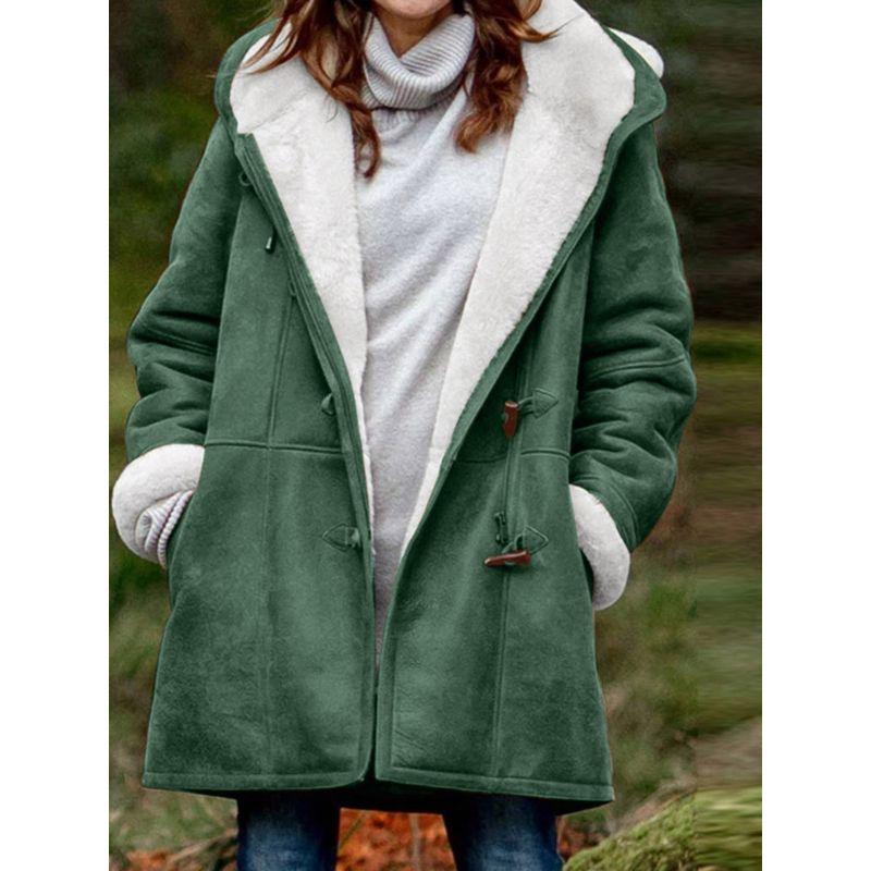 

2023 Long Sleeved Cow Horn Button Women s Velvet Warm Coat Navy blue XL