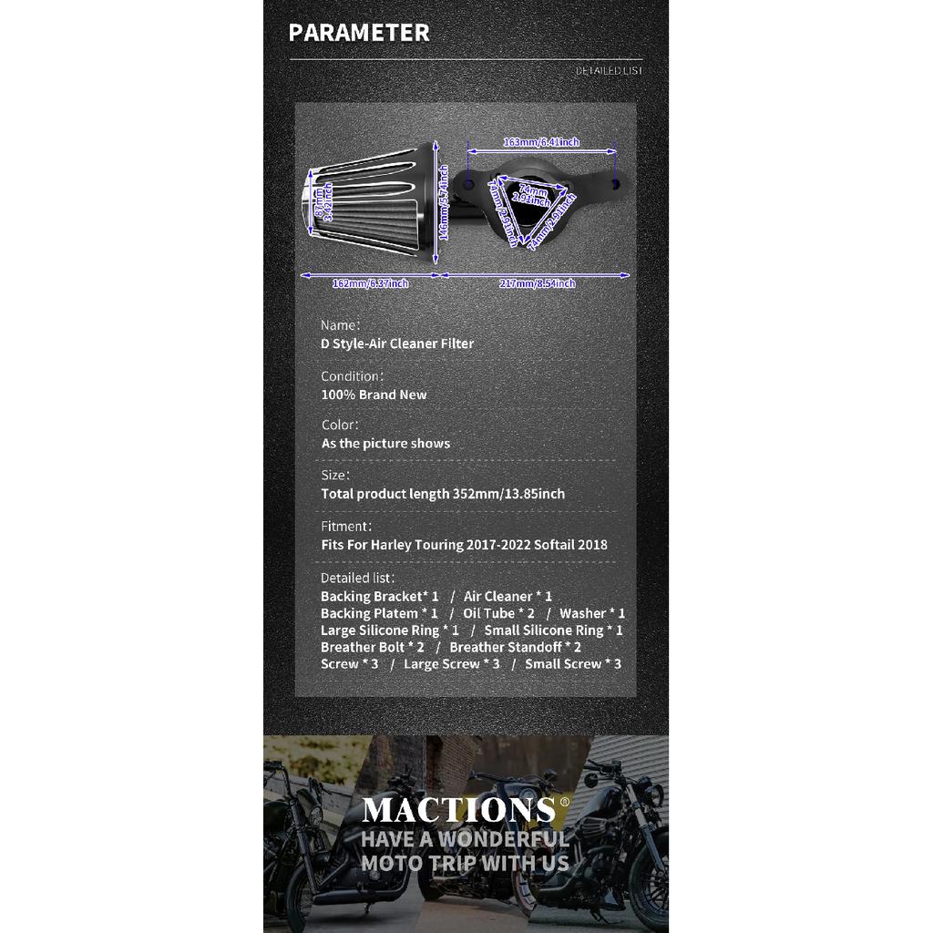 Motorcycle Air Cleaner Filter System Intake Kit Black For Harley Softail Touring Breakout 2018-UP Street Road Glide FLHR FLHT