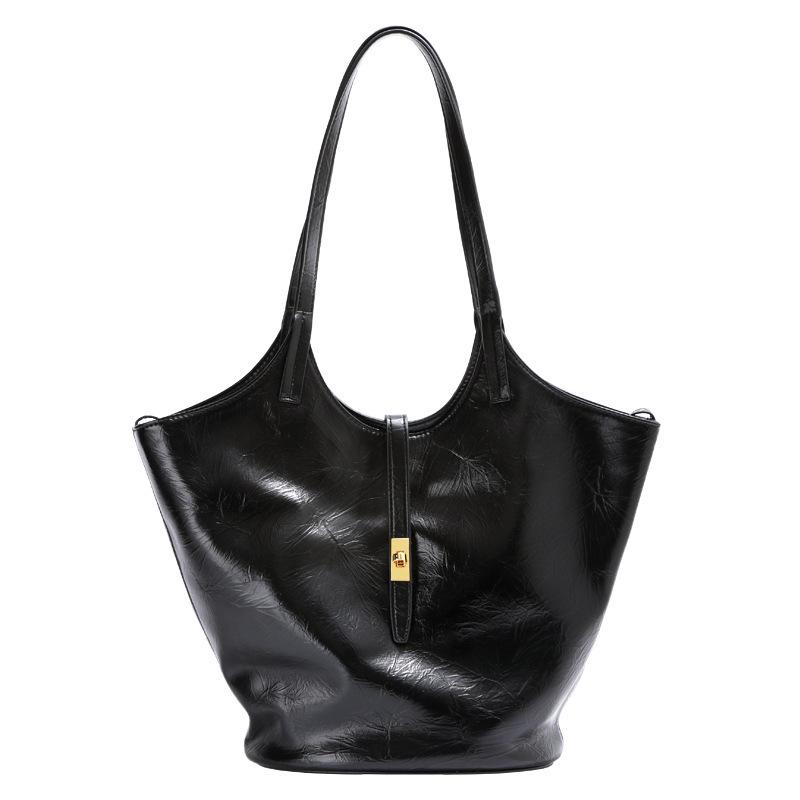 Soft leather tote bag, genuine leather women's bag, large capacity cowhide high-end black commuter bag, shoulder underarm bucket bag.
