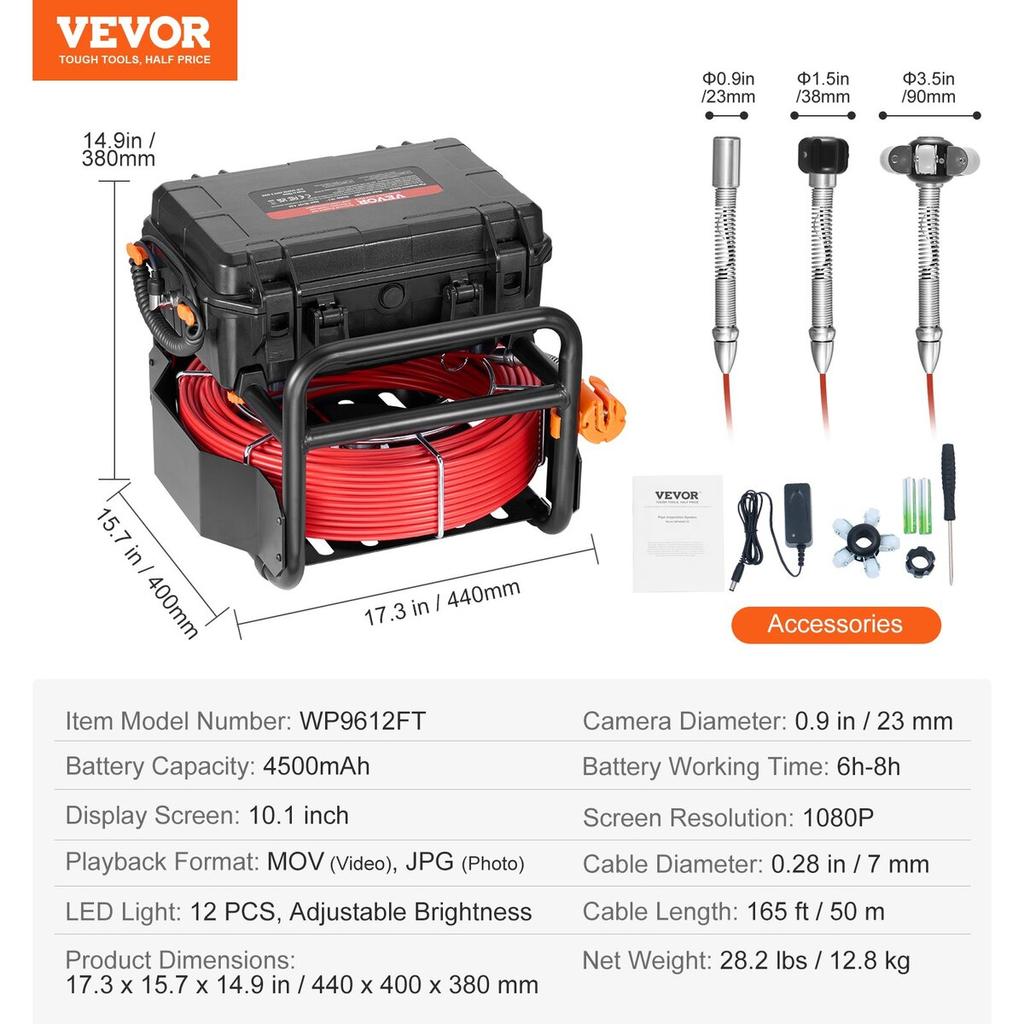 Sewer Camera 165 ft/50m Self-Leveling Drain Camera with 10.1" Touchscreen