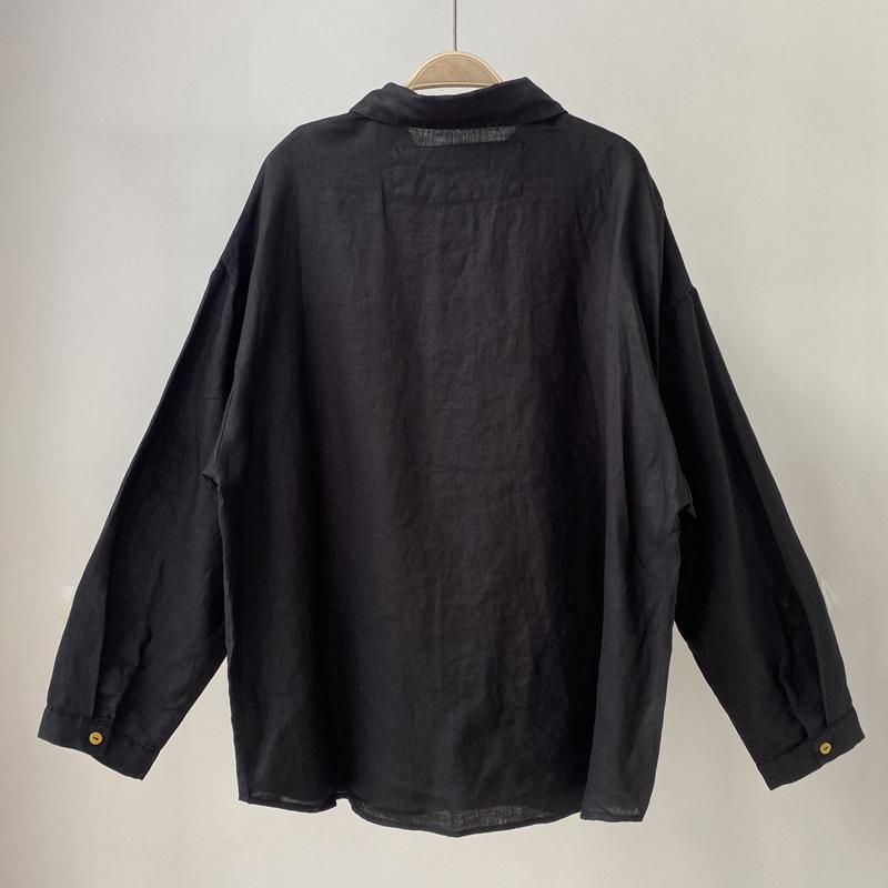 Johnature Cămăși de damă casual din in, de primăvară, simple, de culoare solidă, negre, cu guler răbăltat, largi, cu nasturi